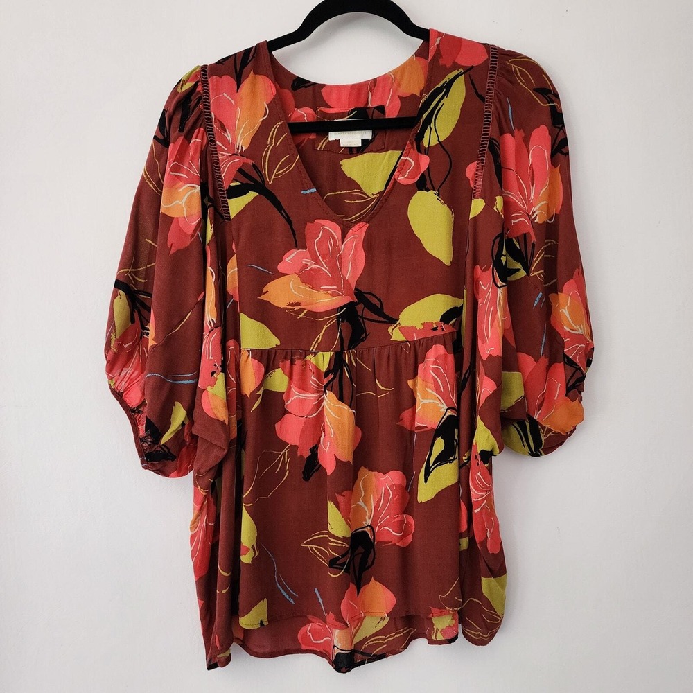 Maeve Anthropologie Floral Babydoll Blouse Brown Pink Balloon Sleeve Small